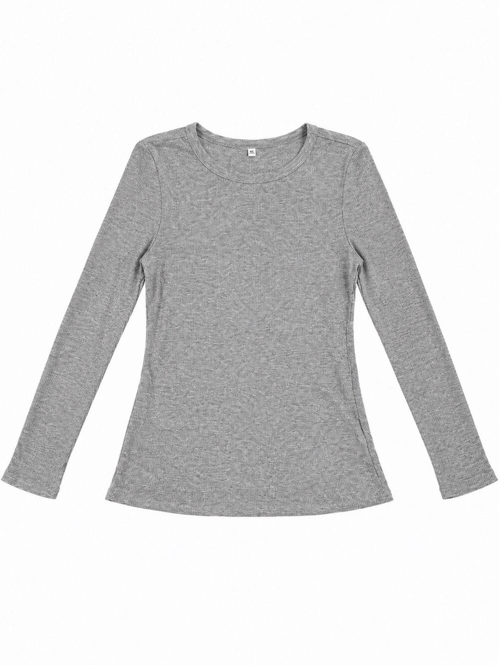 Women’s Large Gray Ribbed Long Sleeve Crew Neck Shirt Stretch Basic Top